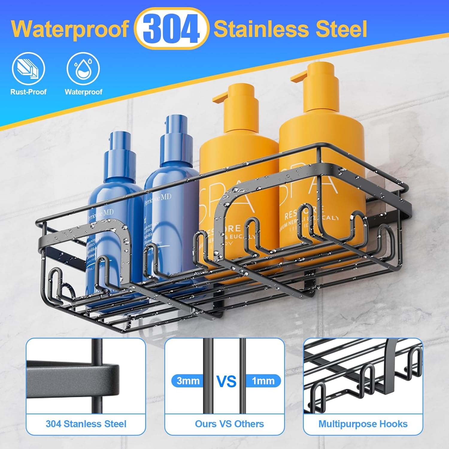 5 Pack No Drilling Shelves, Rustproof Stainless Steel Bath Organizers, Large Capacity