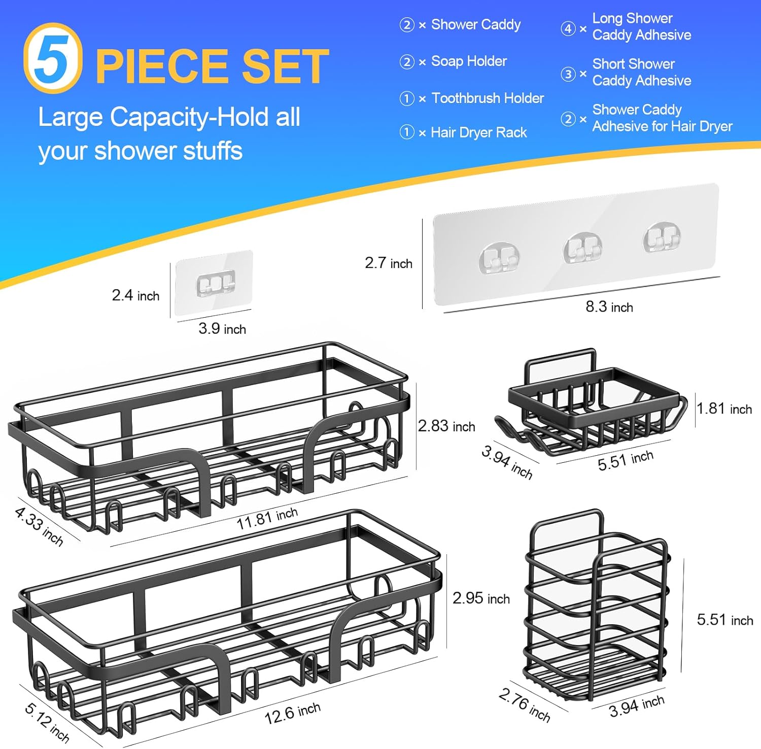 5 Pack No Drilling Shelves, Rustproof Stainless Steel Bath Organizers, Large Capacity