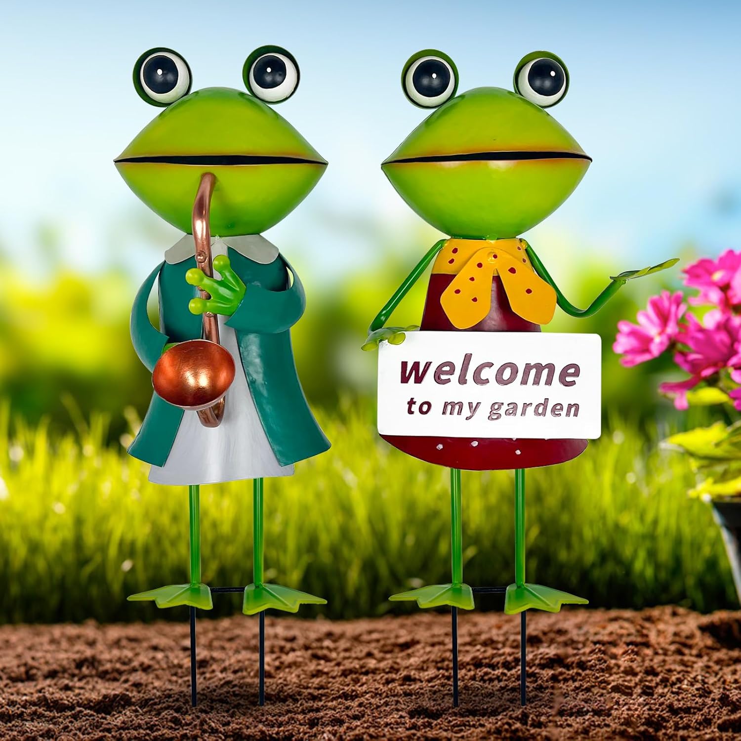 3D Frog Figurines - Christmas Holiday Lawn Patio Yard Fairy Garden Decor (with Welcome)