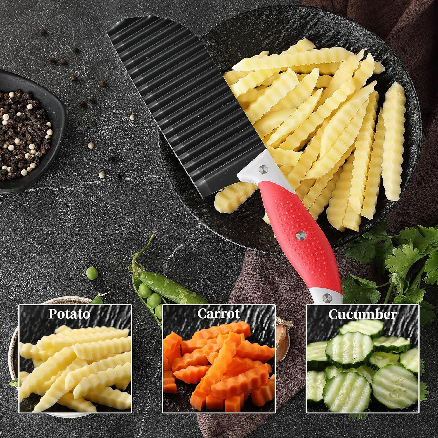 Crinkle Cutter for Veggies, French Fry, Potato, Cucumber, Carrot and Fruit ( Dishwasher Safe)