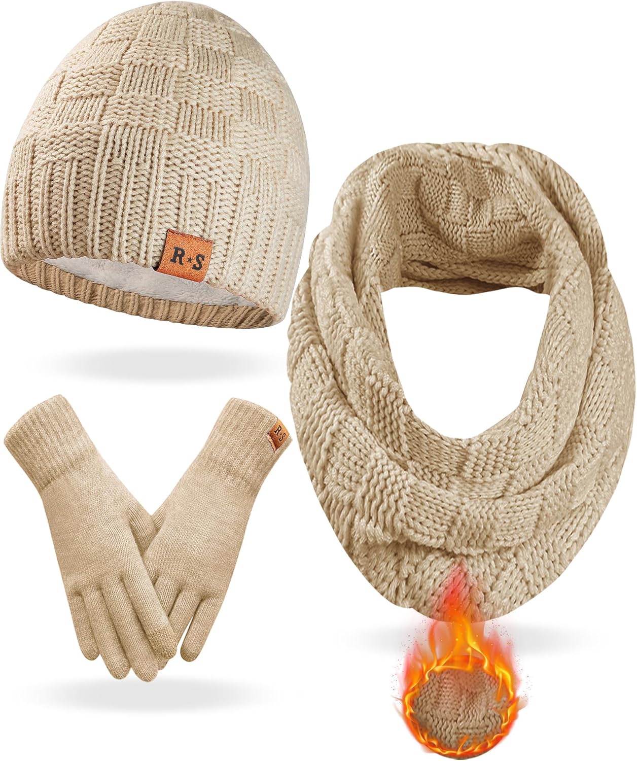 3 In 1 Set for Cold Weather Womens Winter Warm Beanie Hat Touchscreen Gloves Scarf Set