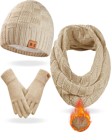 3 In 1 Set for Cold Weather Womens Winter Warm Beanie Hat Touchscreen Gloves Scarf Set
