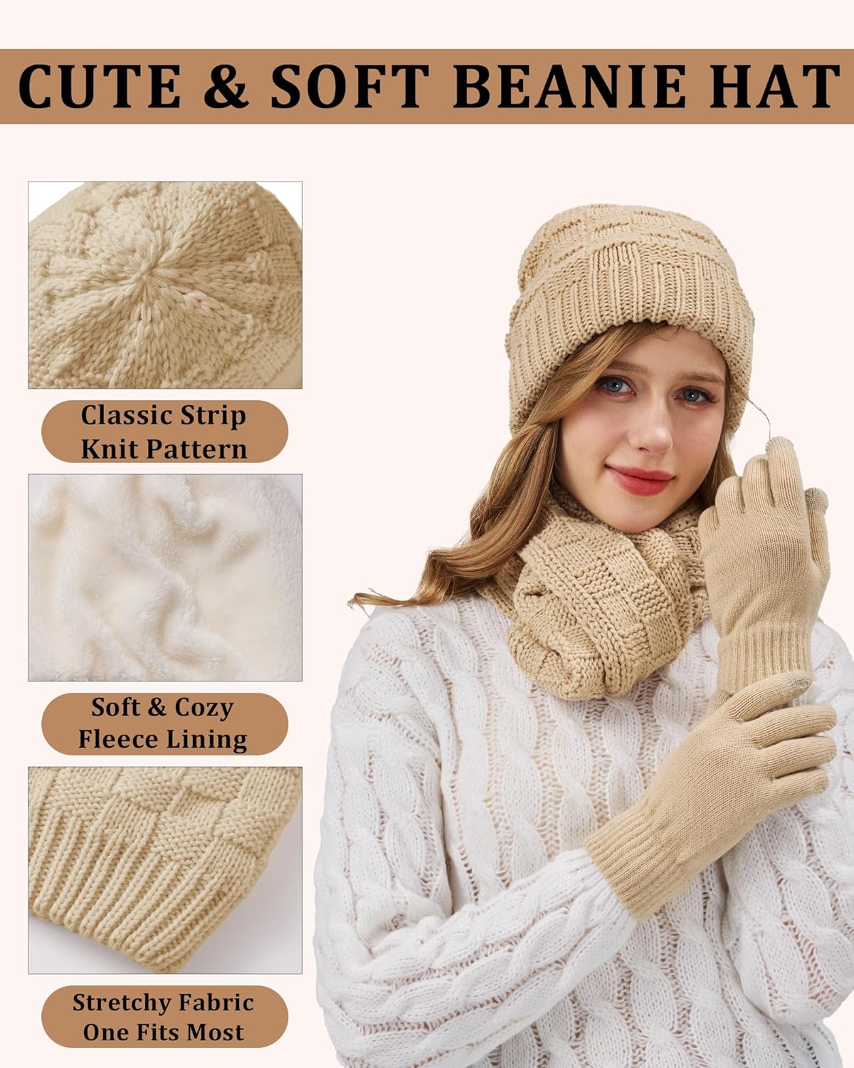 3 In 1 Set for Cold Weather Womens Winter Warm Beanie Hat Touchscreen Gloves Scarf Set