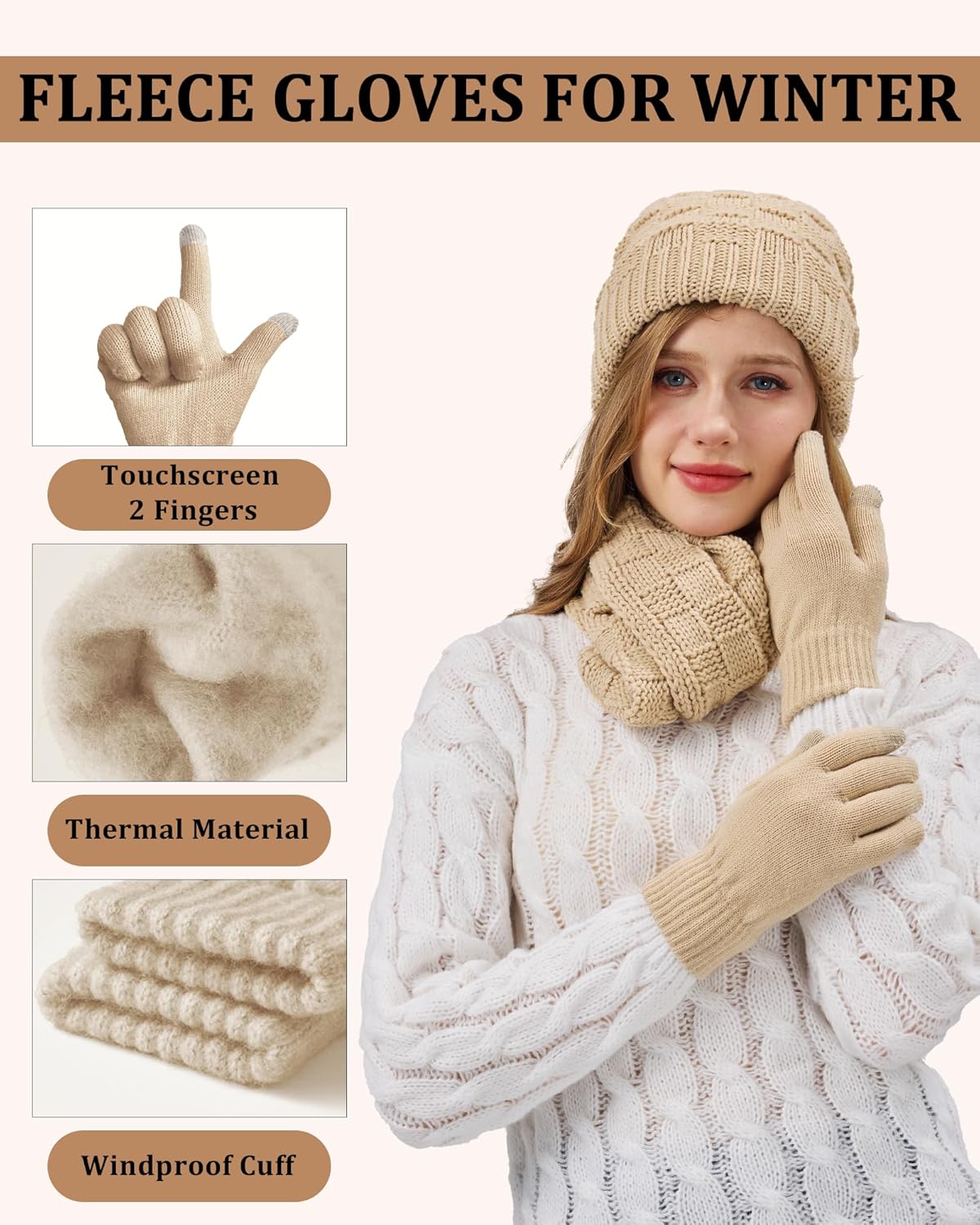 3 In 1 Set for Cold Weather Womens Winter Warm Beanie Hat Touchscreen Gloves Scarf Set