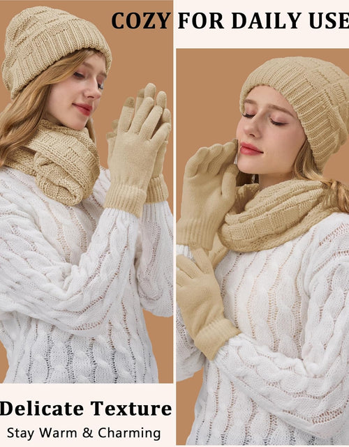 Load image into Gallery viewer, 3 In 1 Set for Cold Weather Womens Winter Warm Beanie Hat Touchscreen Gloves Scarf Set
