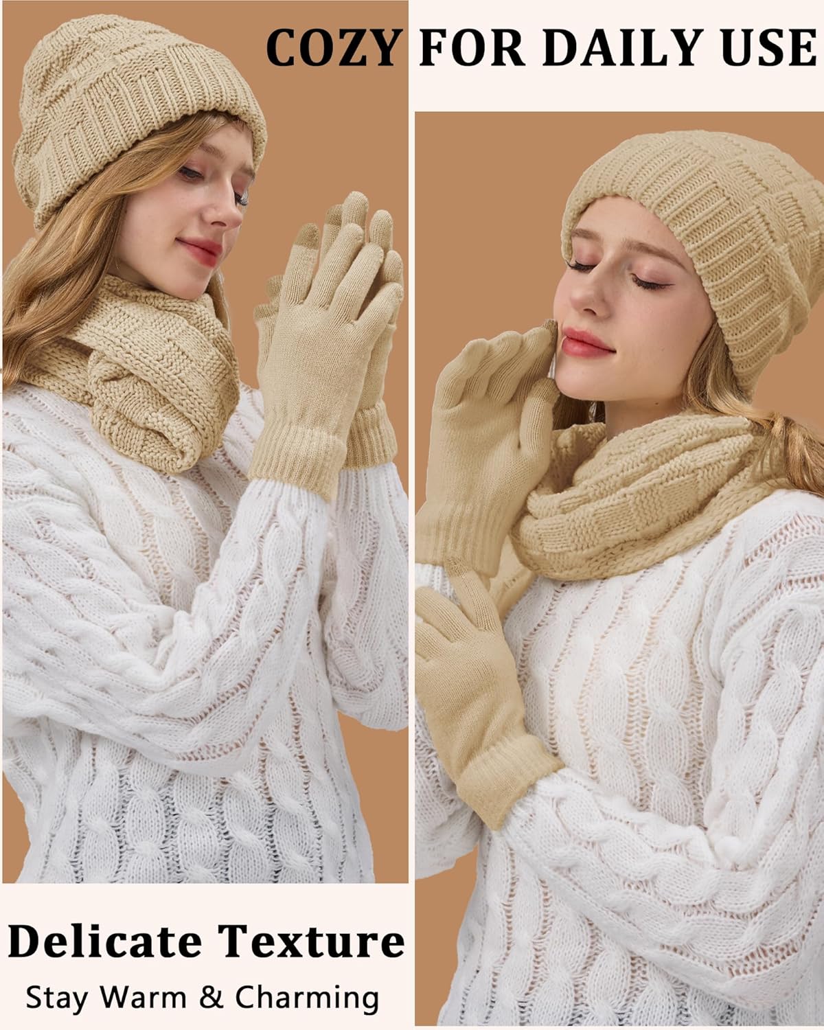 3 In 1 Set for Cold Weather Womens Winter Warm Beanie Hat Touchscreen Gloves Scarf Set