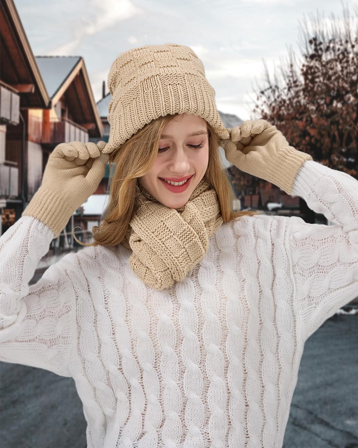 3 In 1 Set for Cold Weather Womens Winter Warm Beanie Hat Touchscreen Gloves Scarf Set
