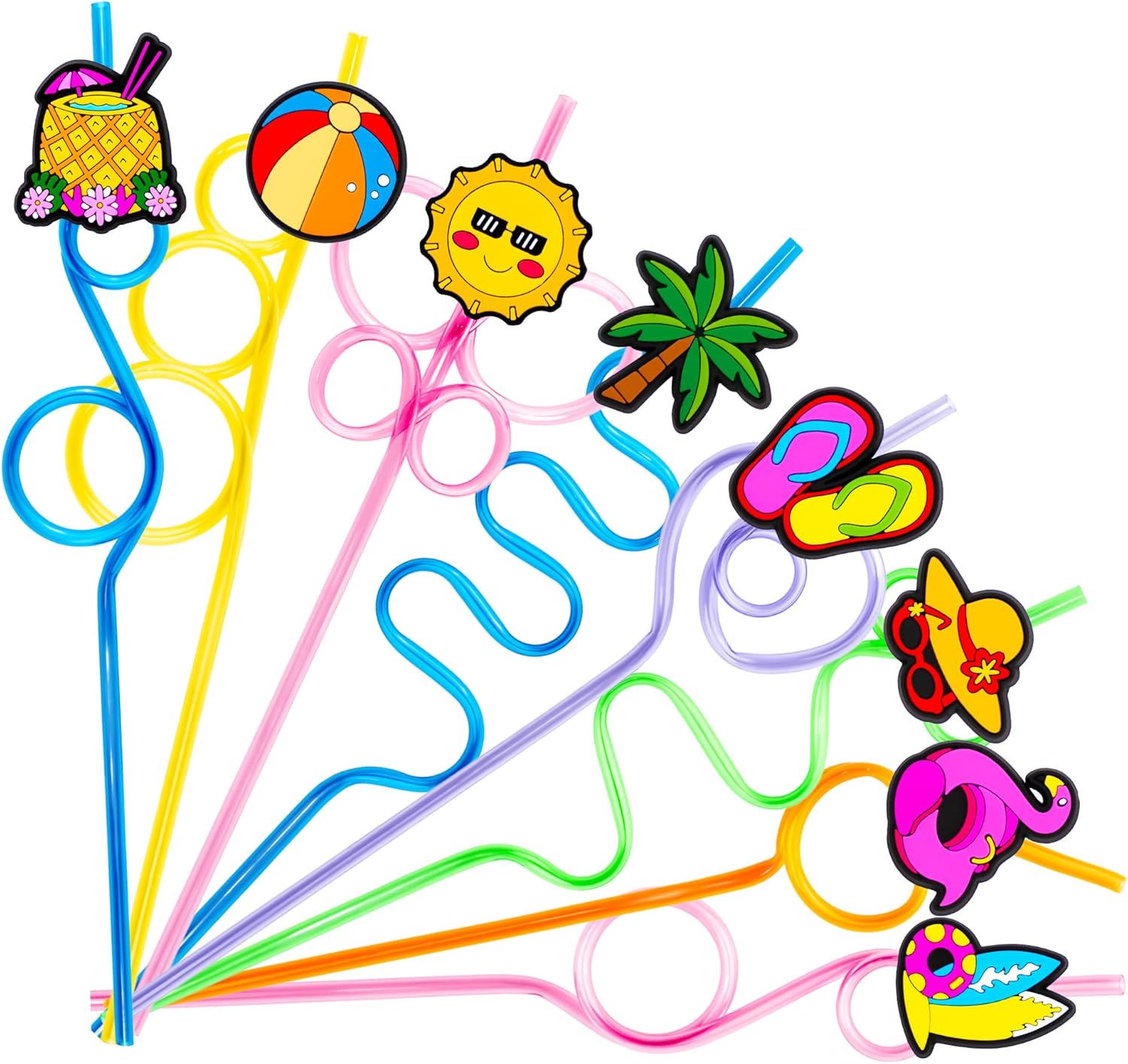 24 PCS Summer Drinking Crazy Straws for Kids Beach Ball Pool Flamingo Summer with 2 Cleaning Brushes Reusable Straw