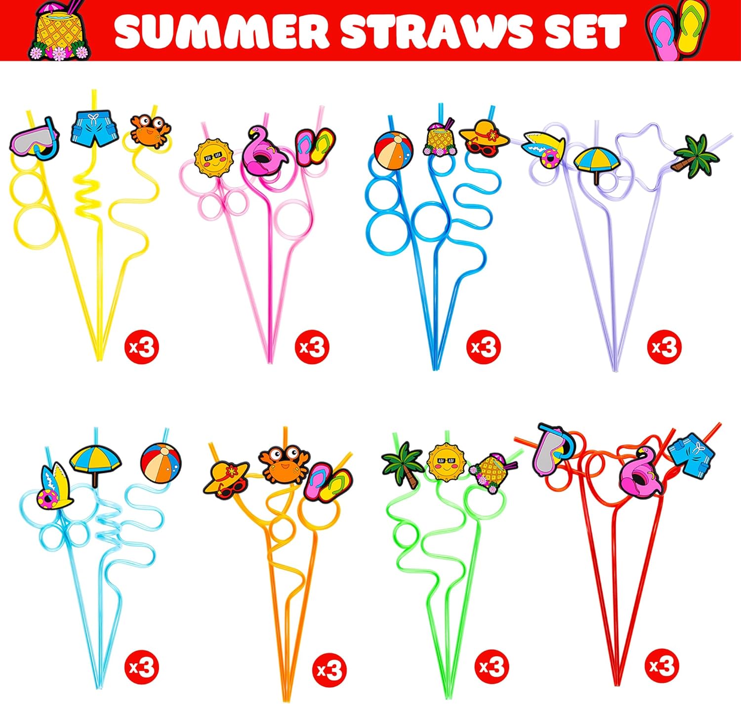 24 PCS Summer Drinking Crazy Straws for Kids Beach Ball Pool Flamingo Summer with 2 Cleaning Brushes Reusable Straw