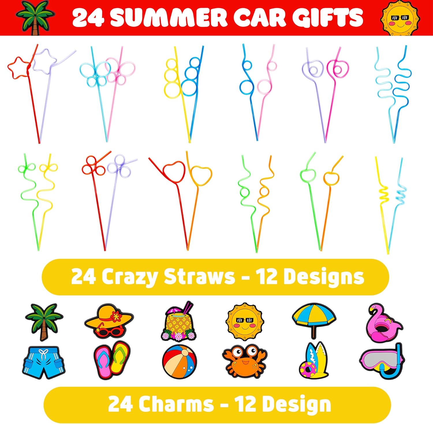 24 PCS Summer Drinking Crazy Straws for Kids Beach Ball Pool Flamingo Summer with 2 Cleaning Brushes Reusable Straw