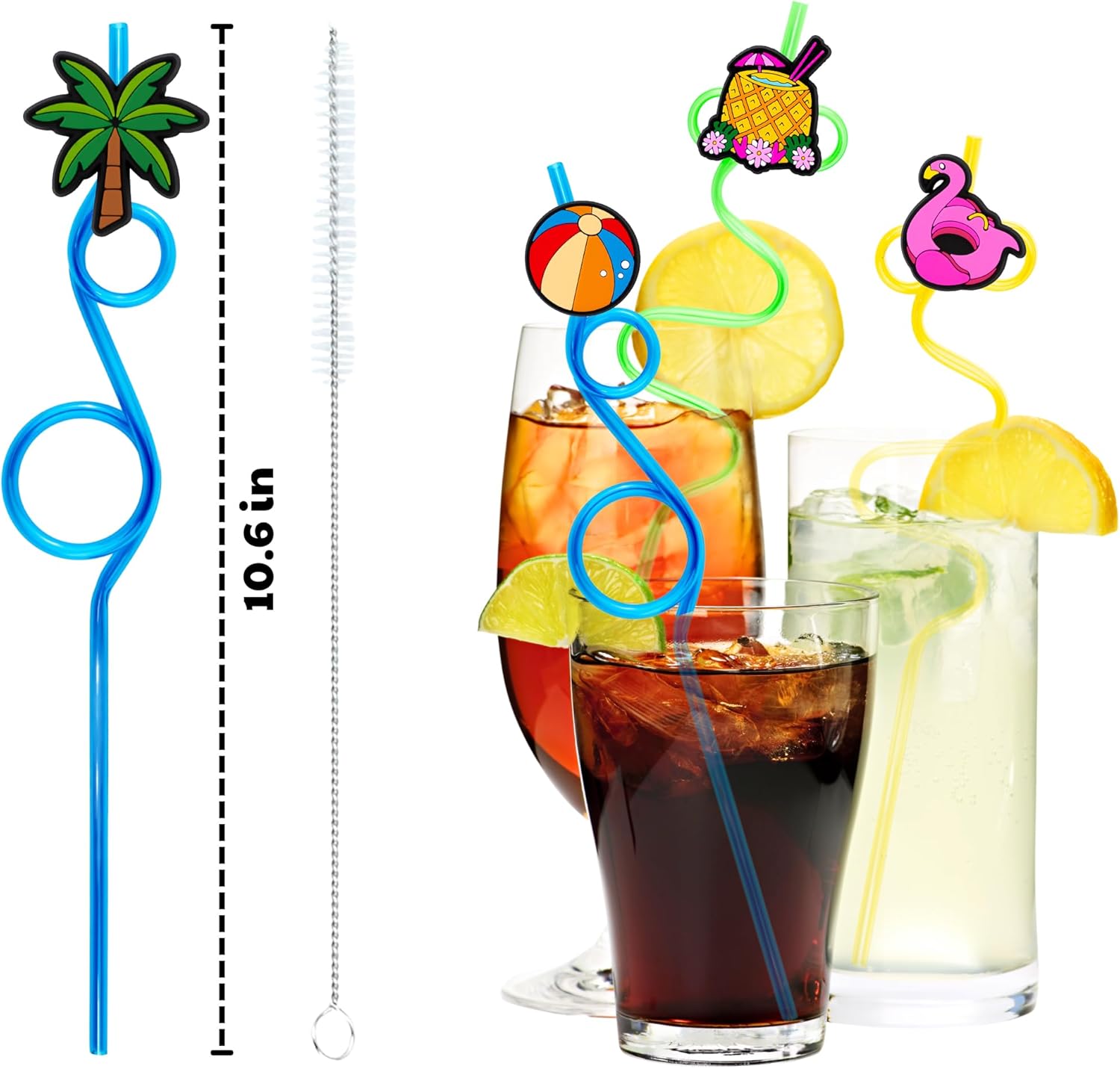 24 PCS Summer Drinking Crazy Straws for Kids Beach Ball Pool Flamingo Summer with 2 Cleaning Brushes Reusable Straw