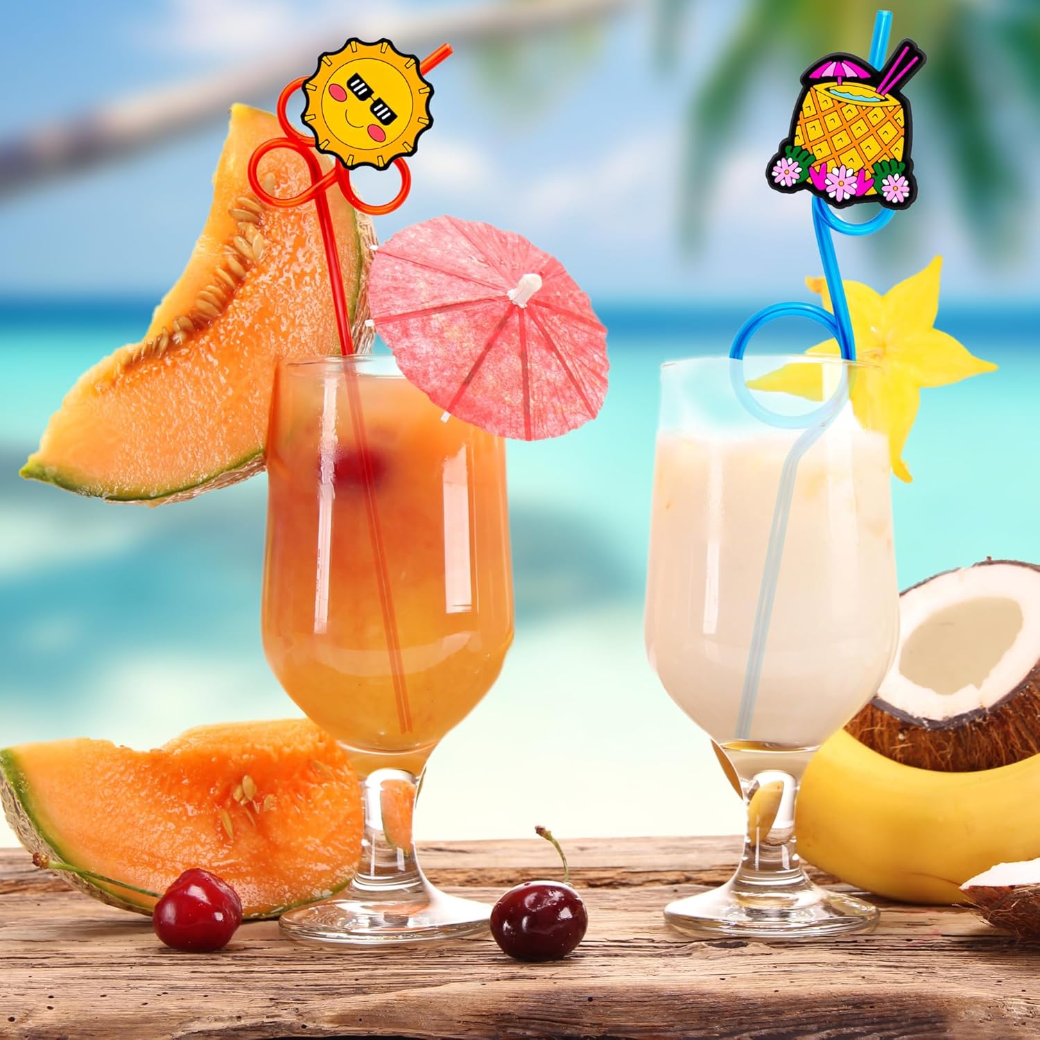 24 PCS Summer Drinking Crazy Straws for Kids Beach Ball Pool Flamingo Summer with 2 Cleaning Brushes Reusable Straw
