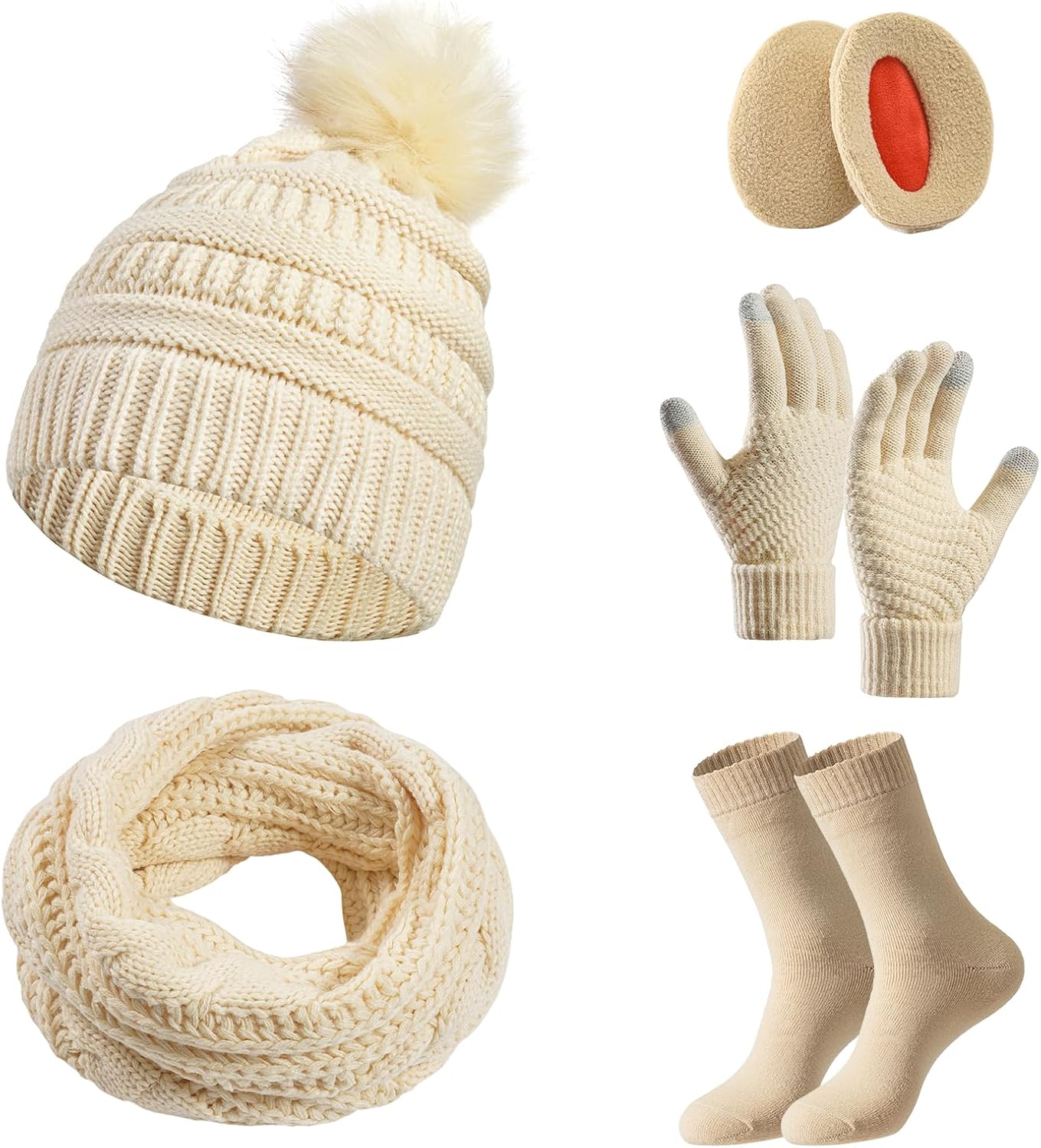 5pcs Gift Set Winter Beanie Hat Scarf Gloves Set for Women