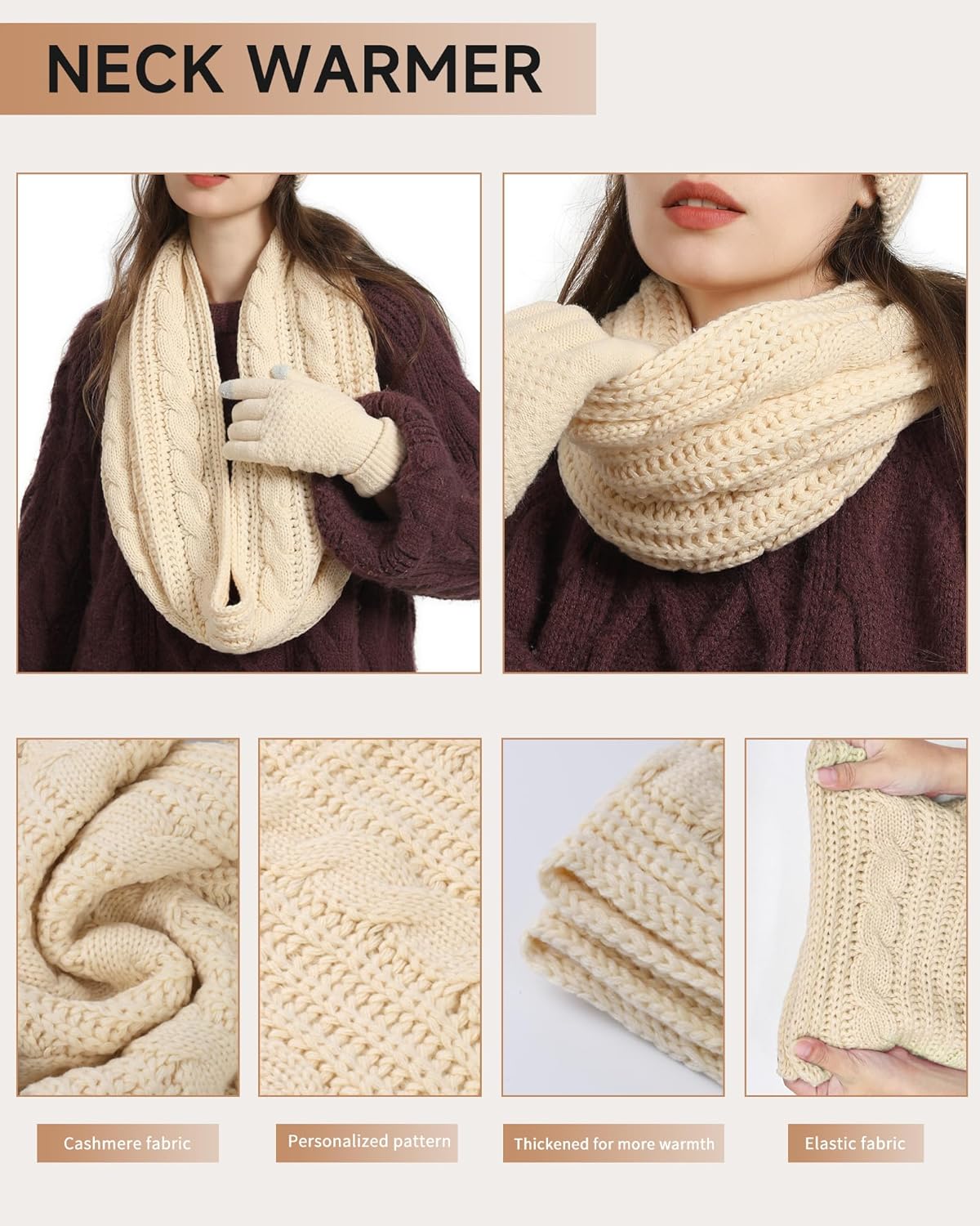 5pcs Gift Set Winter Beanie Hat Scarf Gloves Set for Women