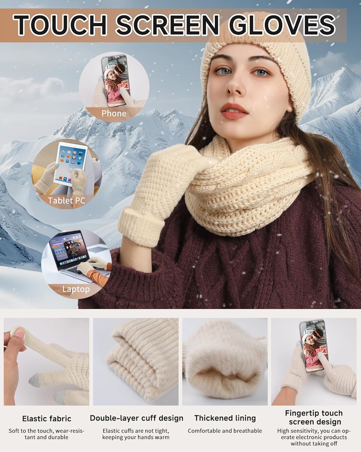 5pcs Gift Set Winter Beanie Hat Scarf Gloves Set for Women