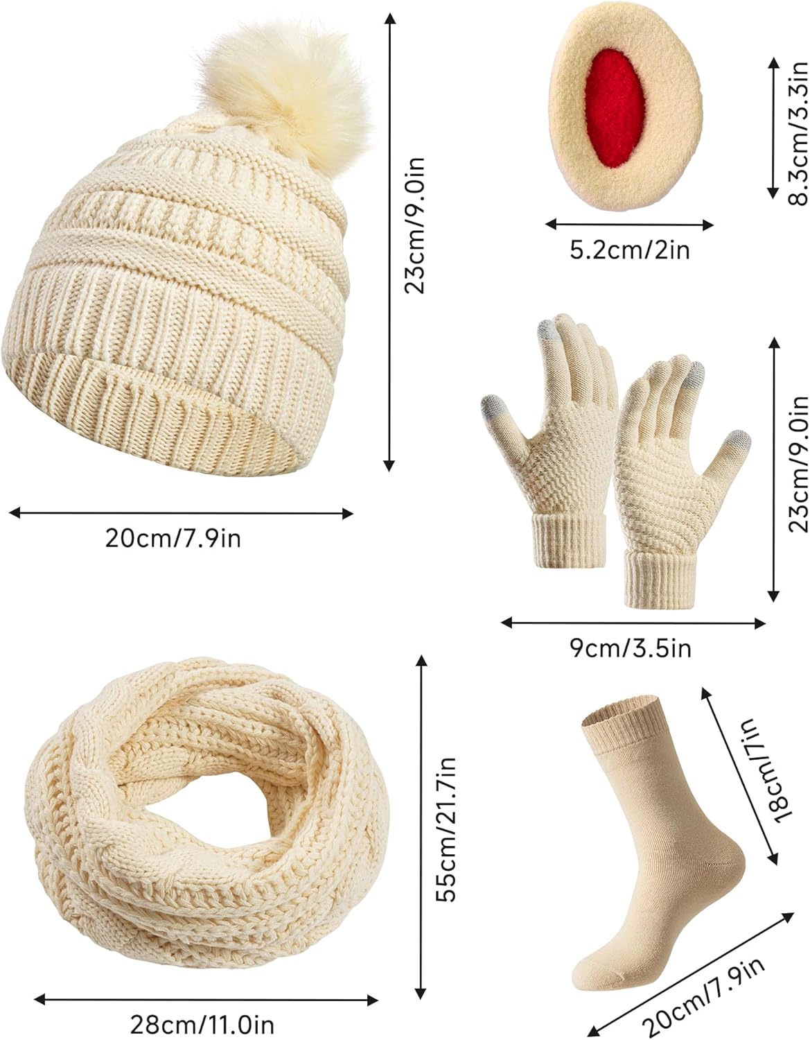 5pcs Gift Set Winter Beanie Hat Scarf Gloves Set for Women