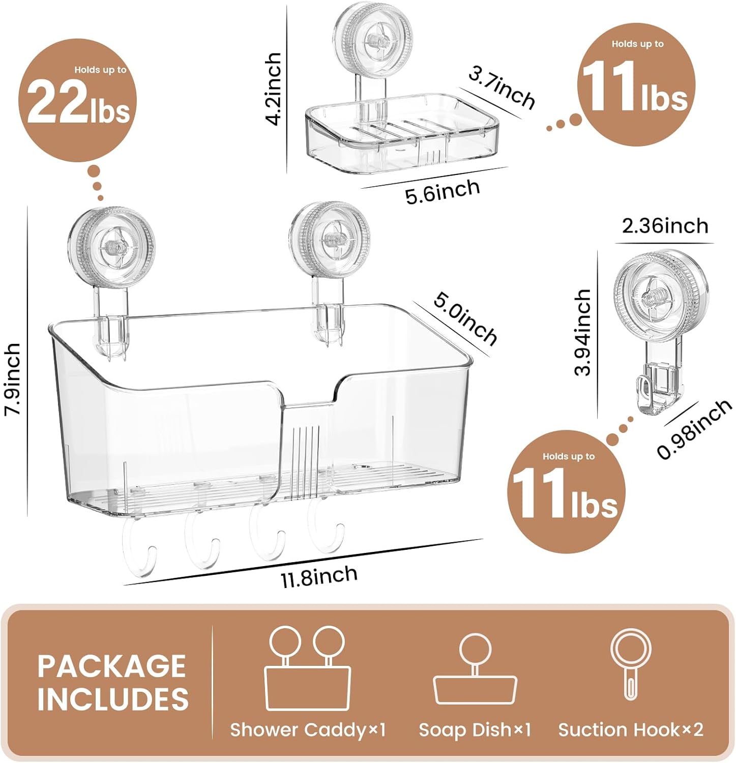 4 Packs Shower Caddy Suction Cup Clear NO-Drilling Shower Organizer Bathroom