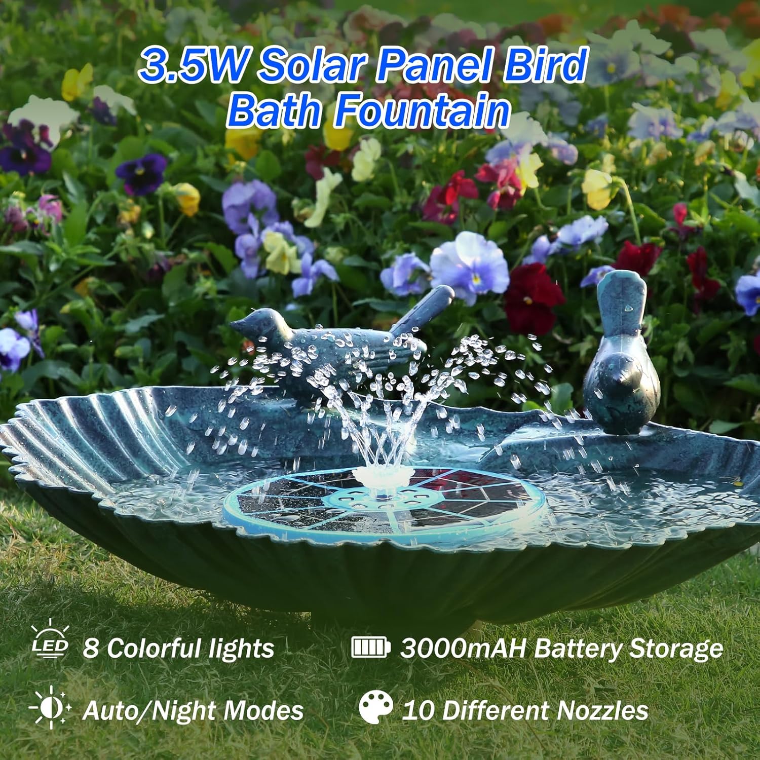 3.5W Solar Bird Bath Fountain with LED Colorful Lights & 3000mAh Battery, Solar Fountain Pump with 10 Nozzles