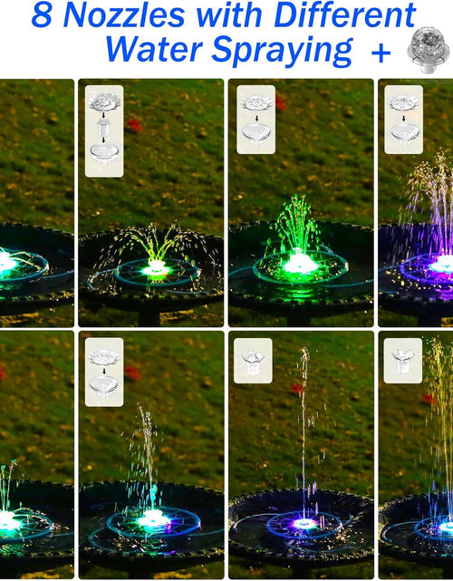 Load image into Gallery viewer, 3.5W Solar Bird Bath Fountain with LED Colorful Lights &amp; 3000mAh Battery, Solar Fountain Pump with 10 Nozzles
