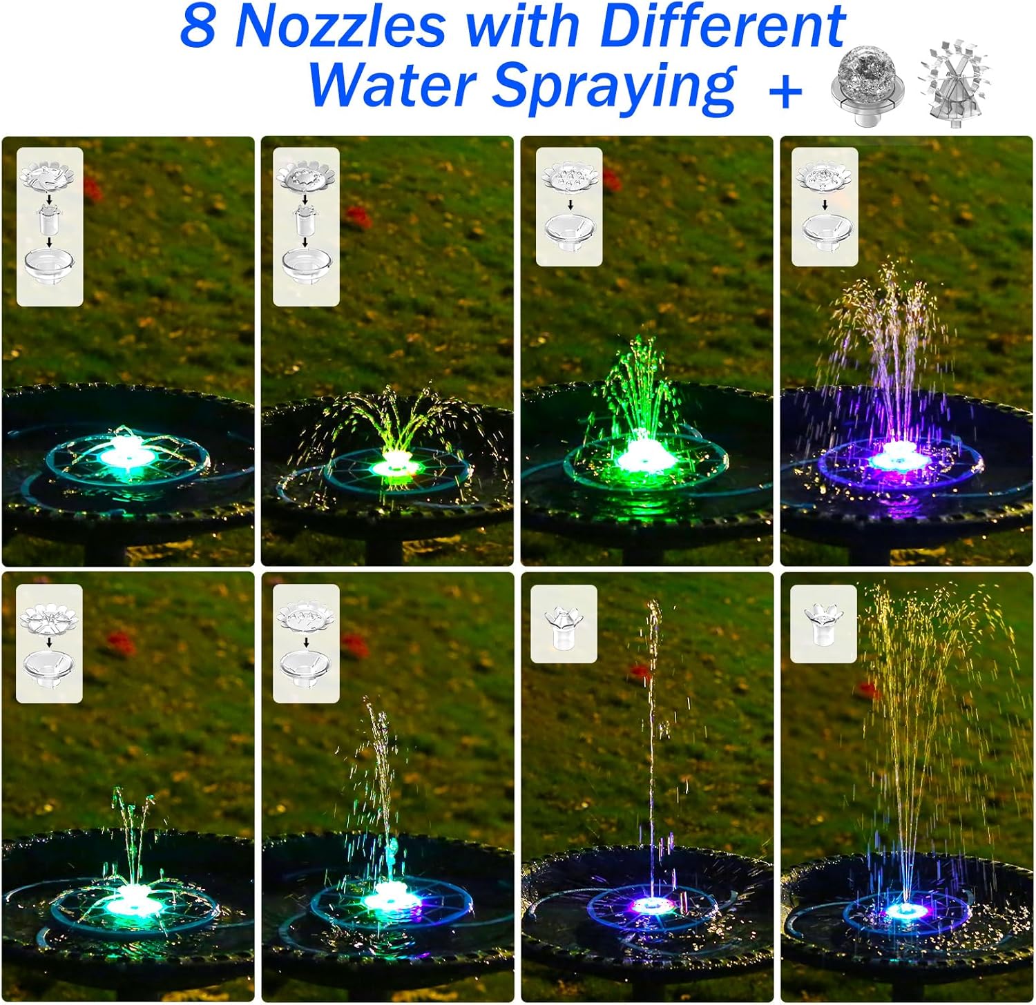 3.5W Solar Bird Bath Fountain with LED Colorful Lights & 3000mAh Battery, Solar Fountain Pump with 10 Nozzles