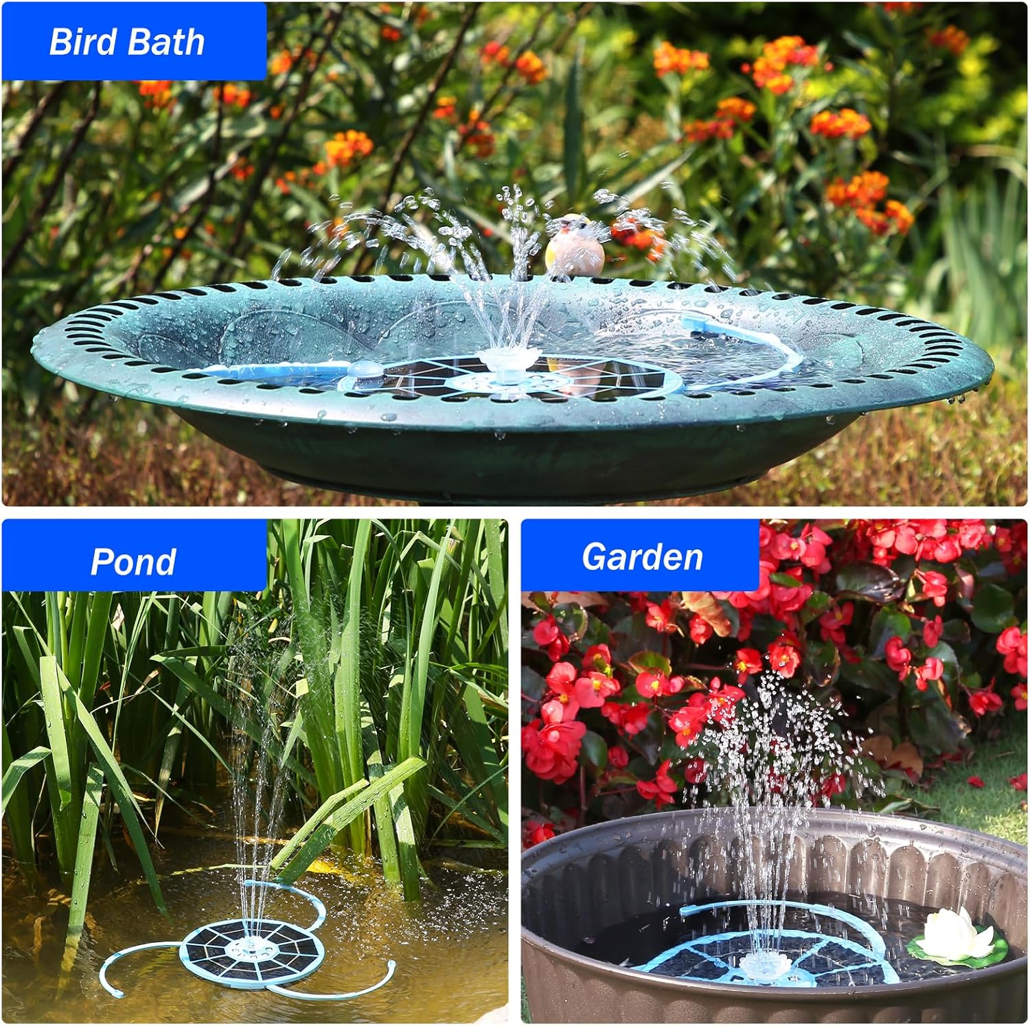 3.5W Solar Bird Bath Fountain with LED Colorful Lights & 3000mAh Battery, Solar Fountain Pump with 10 Nozzles