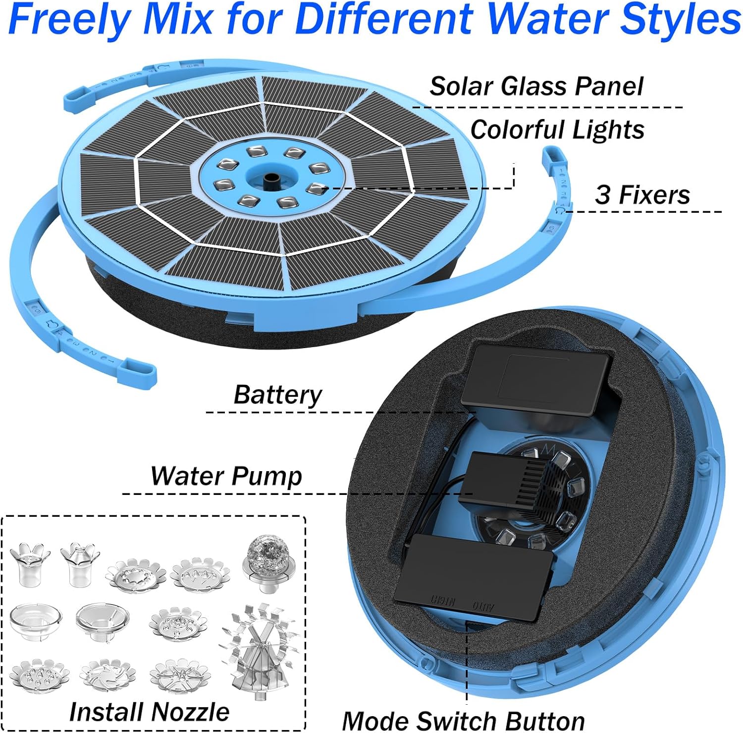 3.5W Solar Bird Bath Fountain with LED Colorful Lights & 3000mAh Battery, Solar Fountain Pump with 10 Nozzles