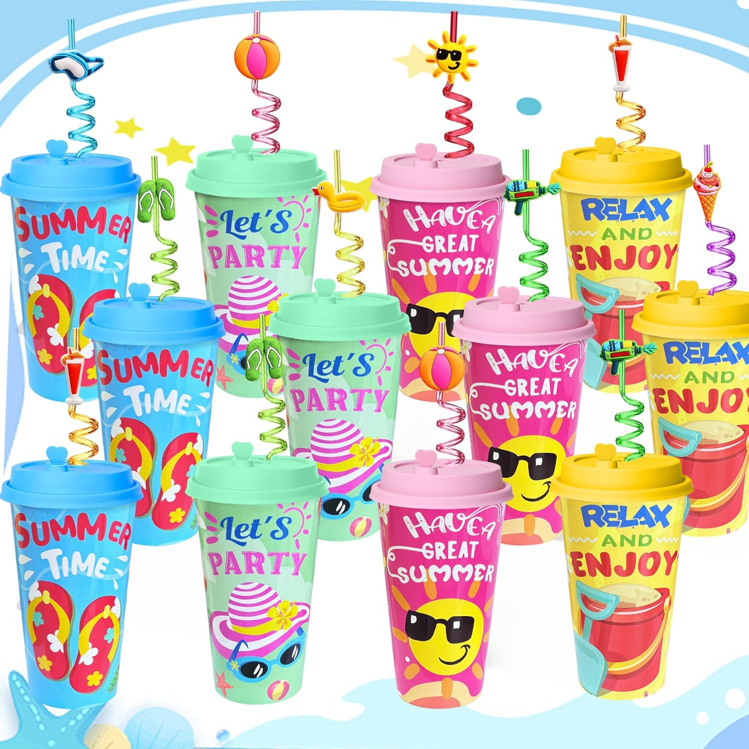 48Pcs Pool Beach Birthday Party Decorations Cups with Silly Straws Bulk Summer