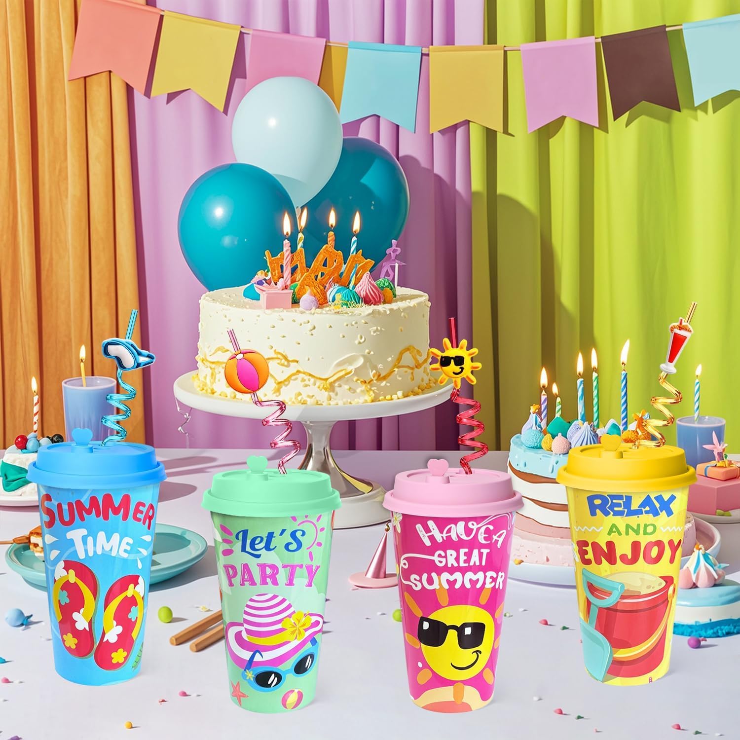 48Pcs Pool Beach Birthday Party Decorations Cups with Silly Straws Bulk Summer