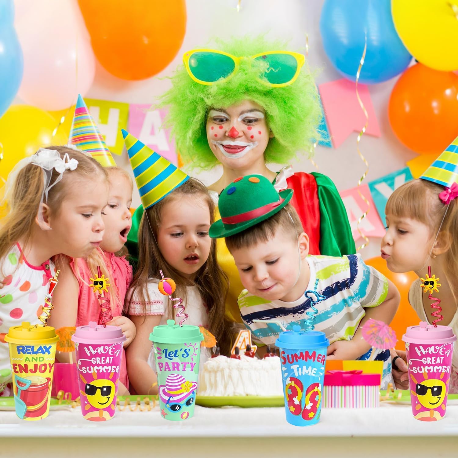 48Pcs Pool Beach Birthday Party Decorations Cups with Silly Straws Bulk Summer
