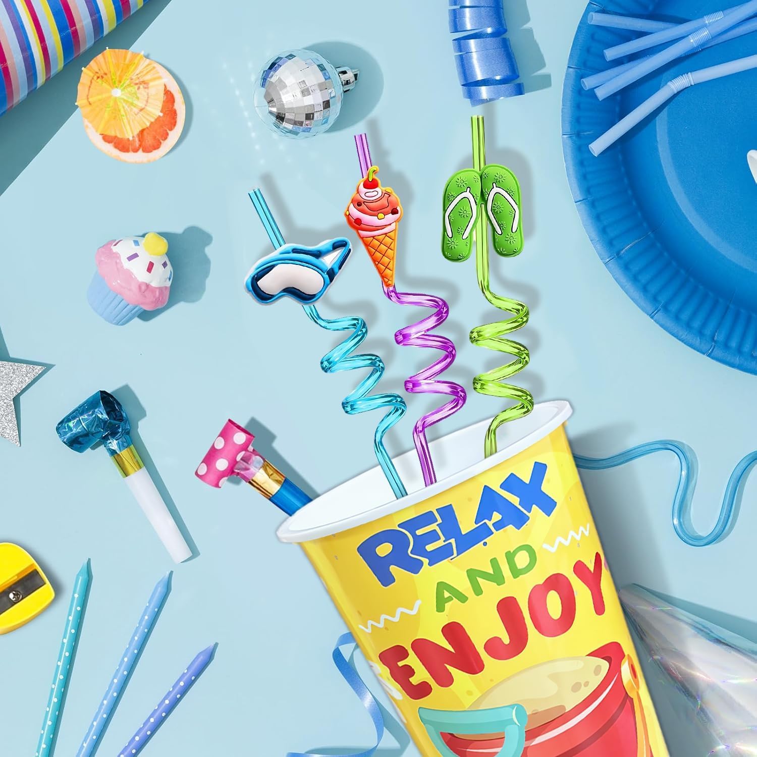 48Pcs Pool Beach Birthday Party Decorations Cups with Silly Straws Bulk Summer