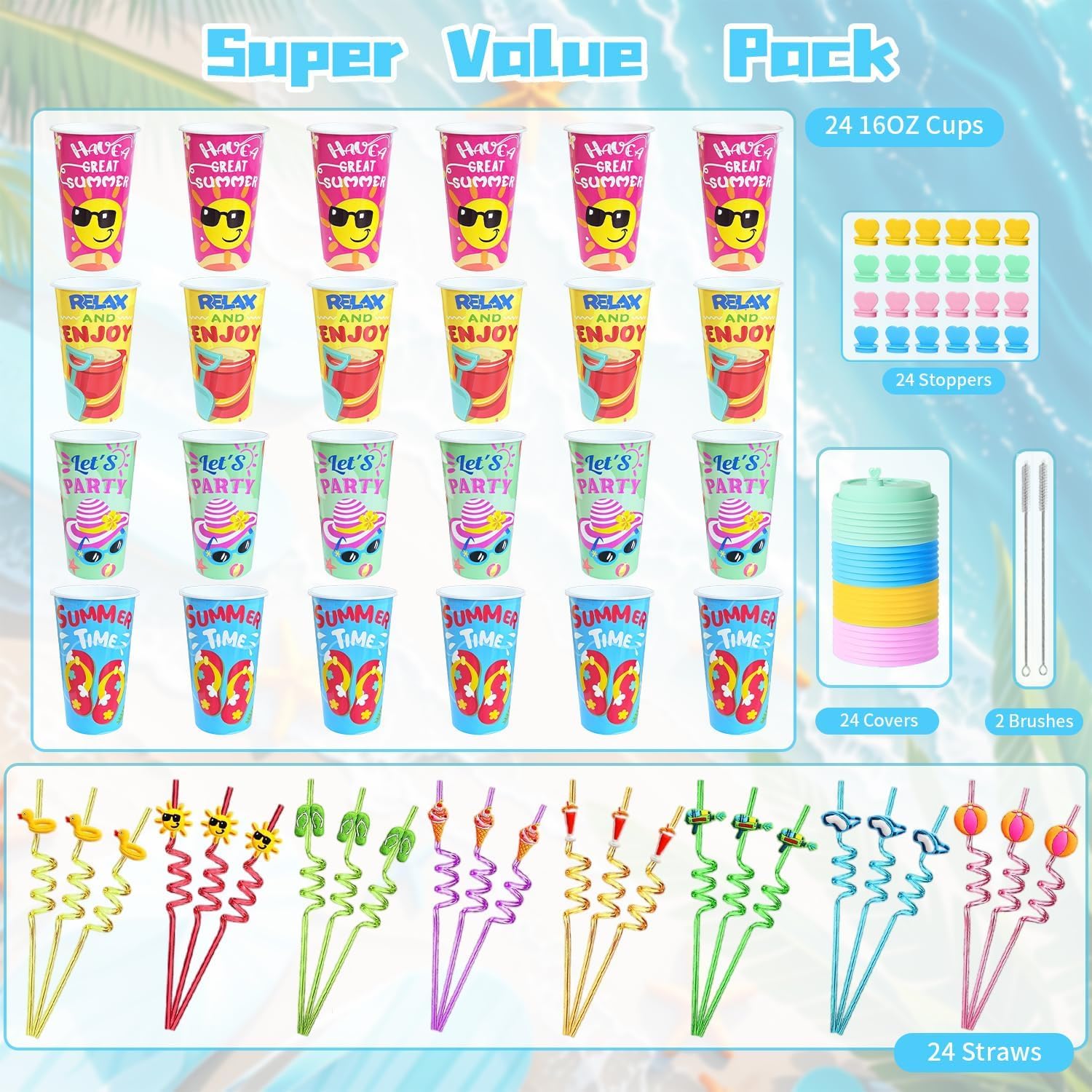 48Pcs Pool Beach Birthday Party Decorations Cups with Silly Straws Bulk Summer