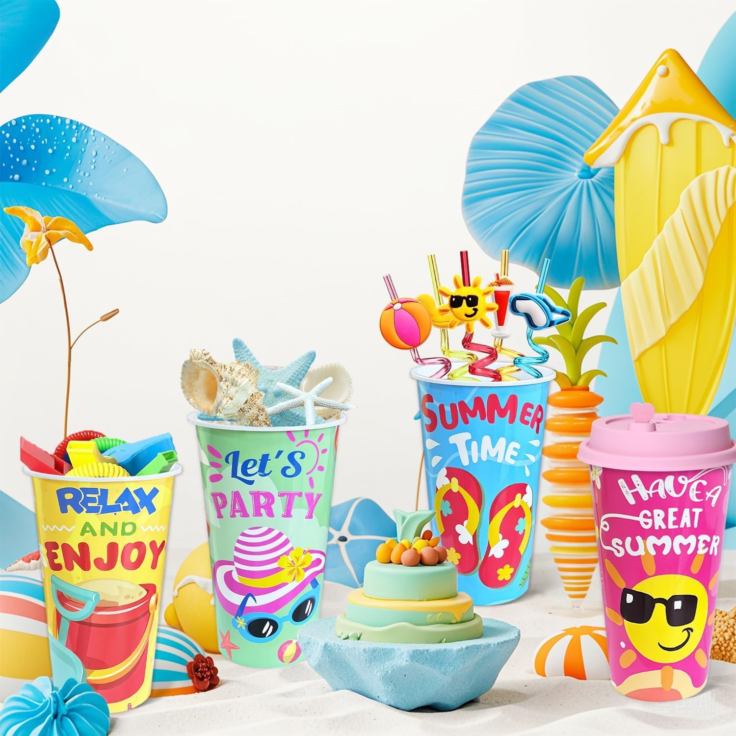 48Pcs Pool Beach Birthday Party Decorations Cups with Silly Straws Bulk Summer