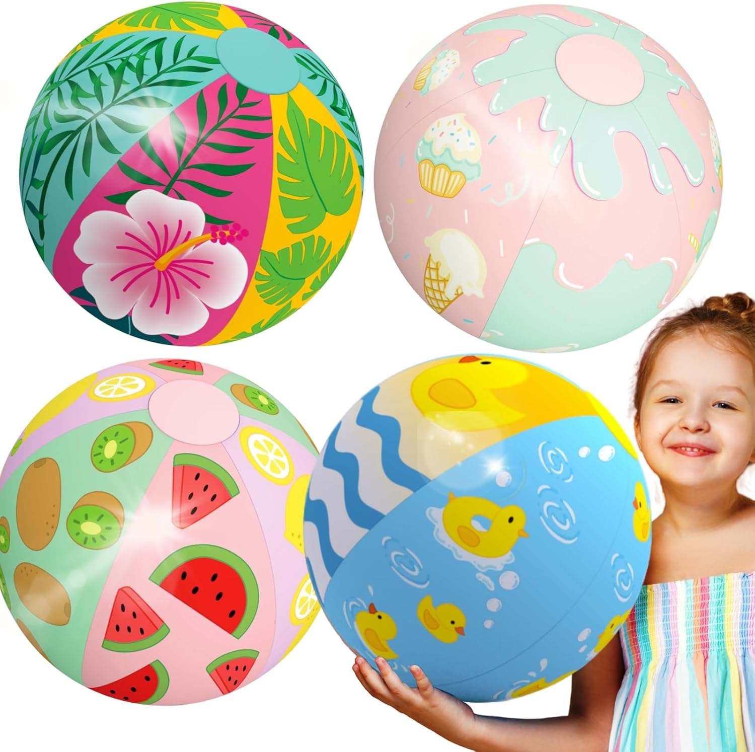 4 Pack 20" Beach Balls, Large Inflatable Pool Toys