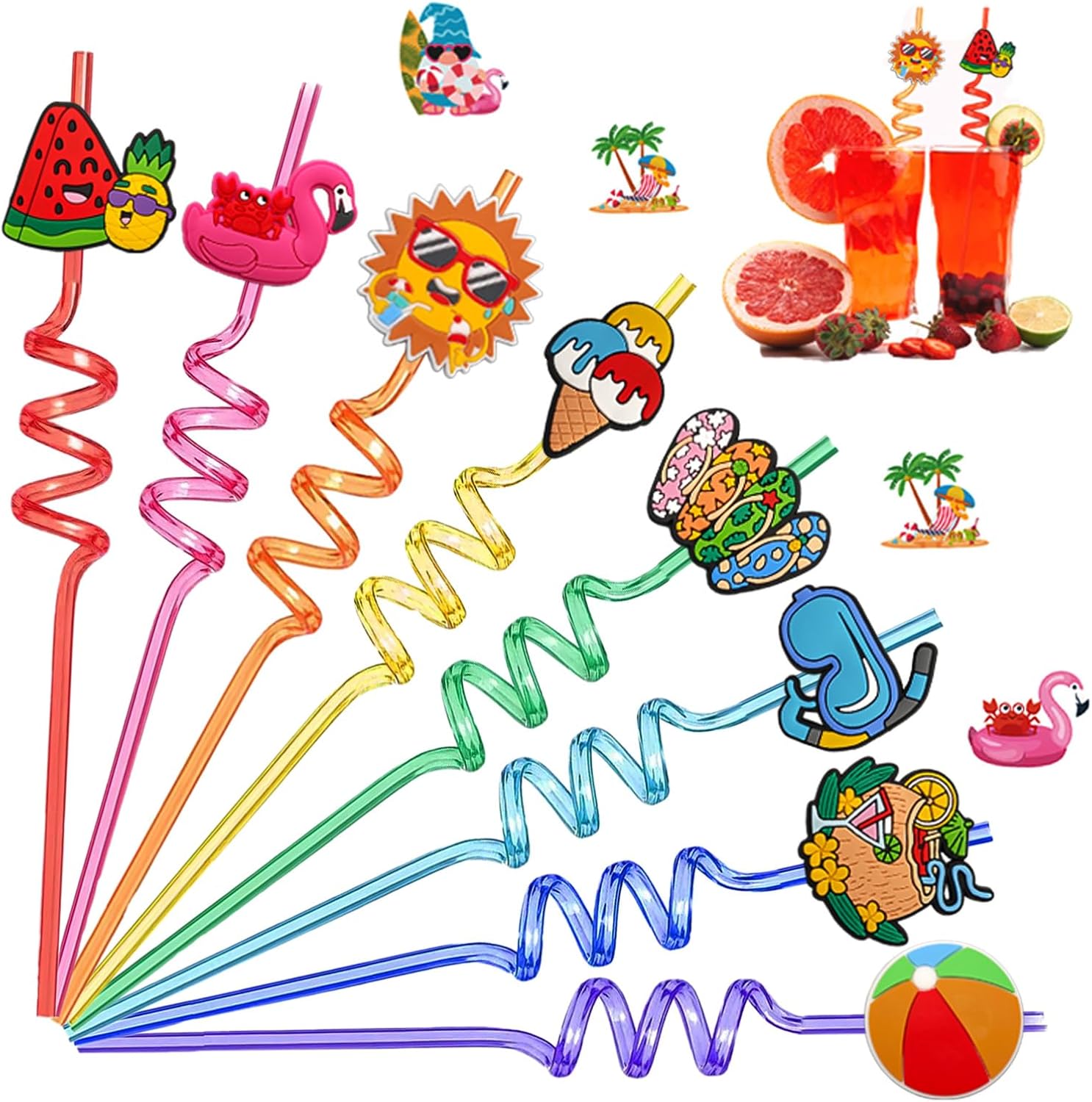 24Pcs Beach Drinking Straws, Summer Pool Beach Party Favors, Crazy Silly Straws for Kids with 2 PCS Cleaning Brushes
