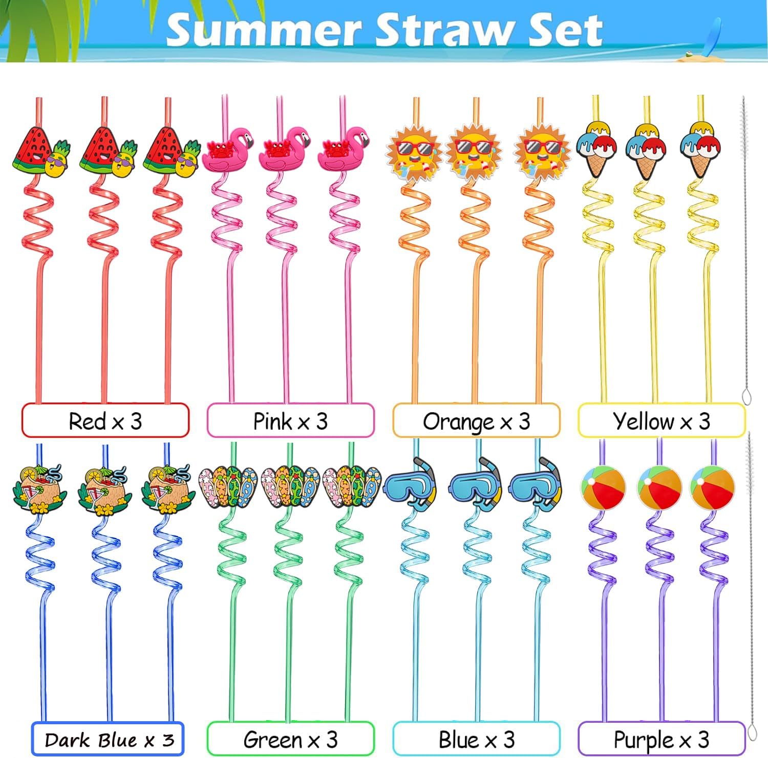 24Pcs Beach Drinking Straws, Summer Pool Beach Party Favors, Crazy Silly Straws for Kids with 2 PCS Cleaning Brushes