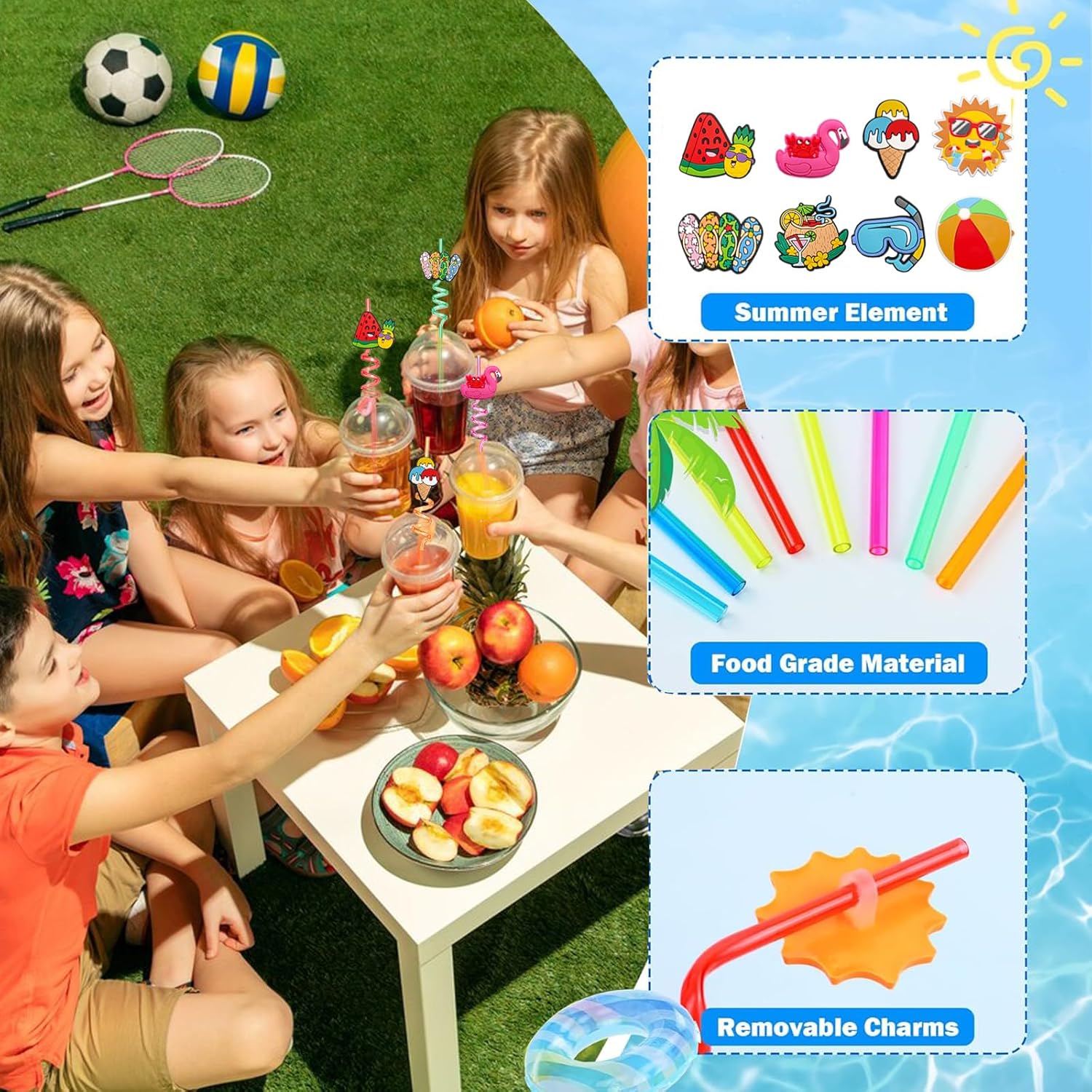 24Pcs Beach Drinking Straws, Summer Pool Beach Party Favors, Crazy Silly Straws for Kids with 2 PCS Cleaning Brushes