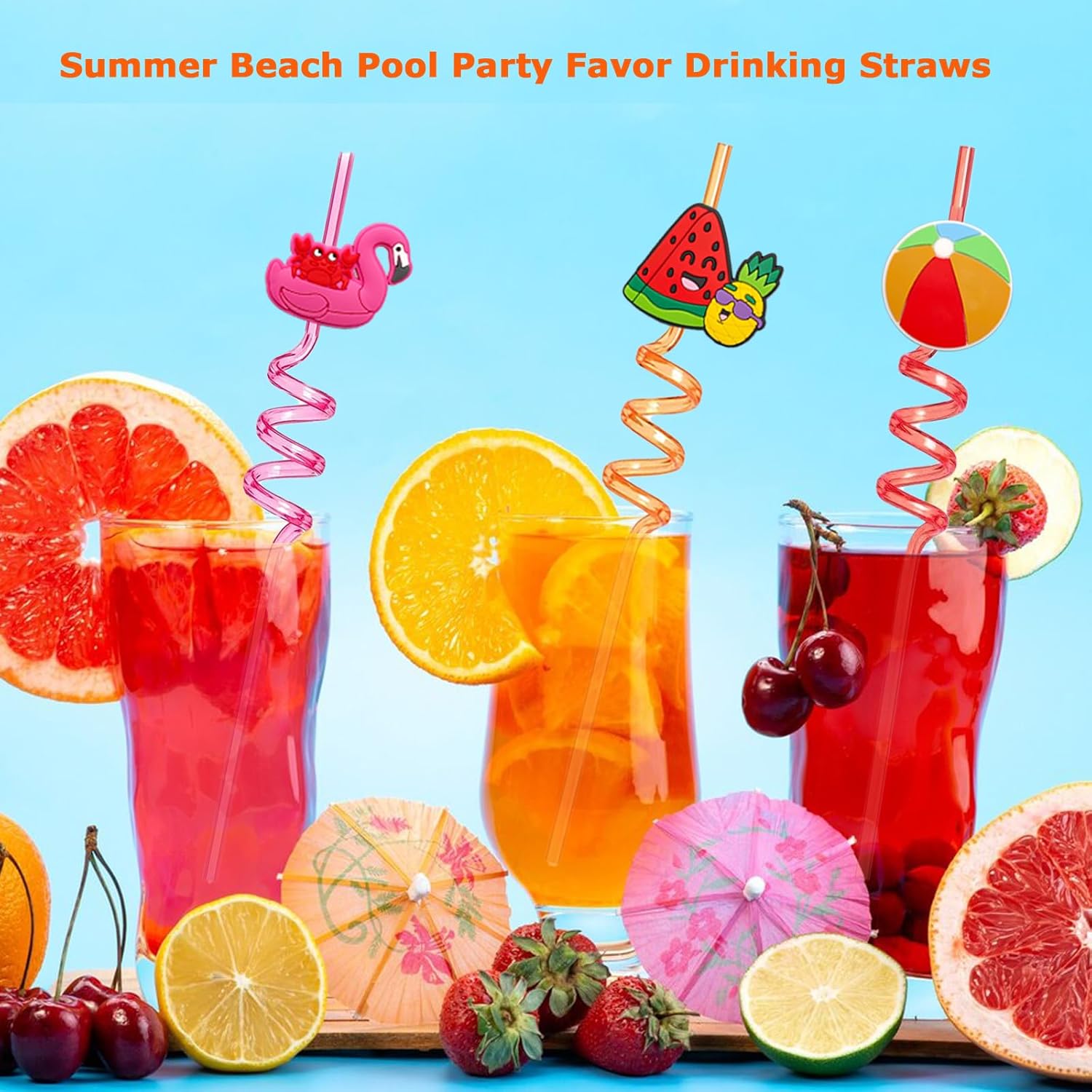 24Pcs Beach Drinking Straws, Summer Pool Beach Party Favors, Crazy Silly Straws for Kids with 2 PCS Cleaning Brushes