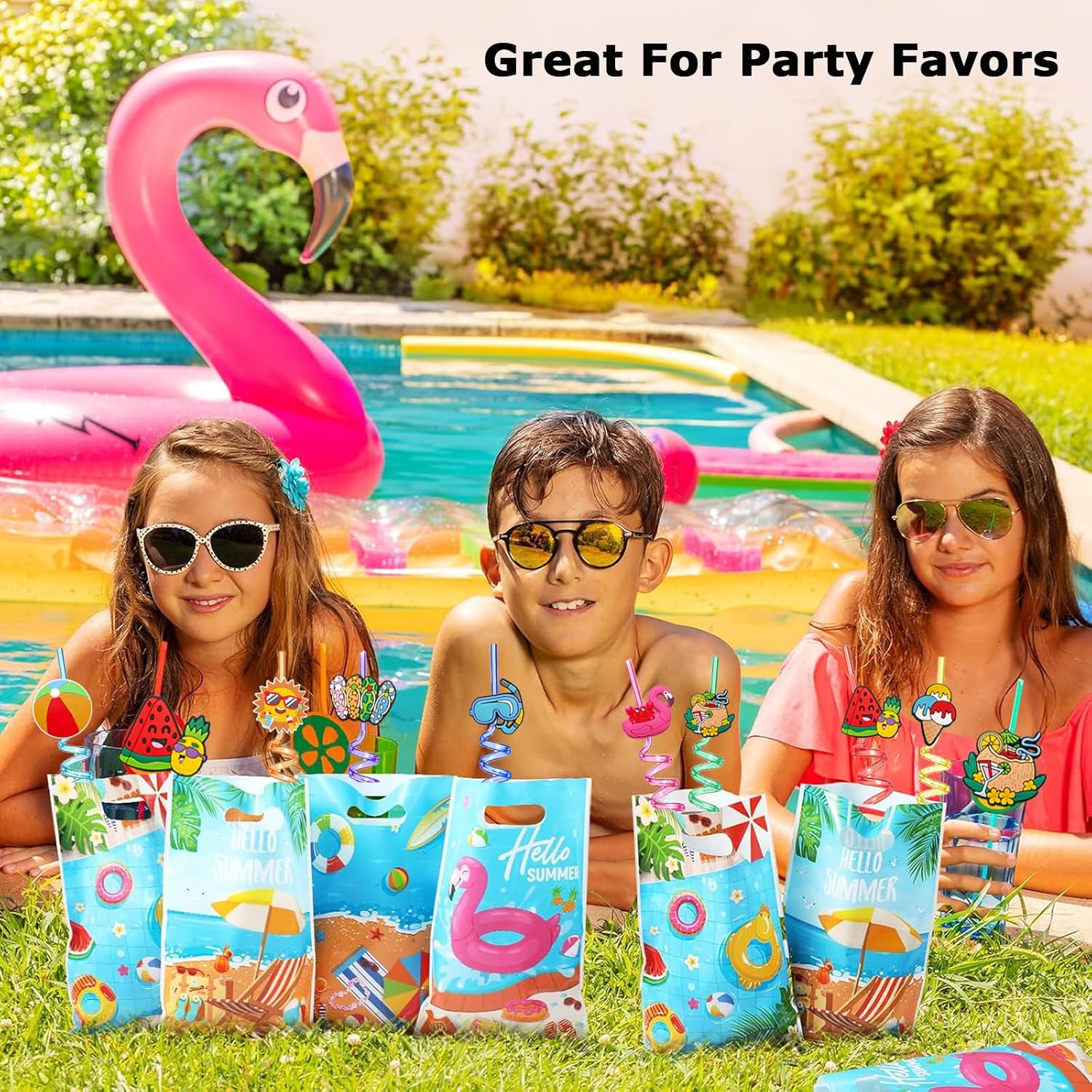 24Pcs Beach Drinking Straws, Summer Pool Beach Party Favors, Crazy Silly Straws for Kids with 2 PCS Cleaning Brushes
