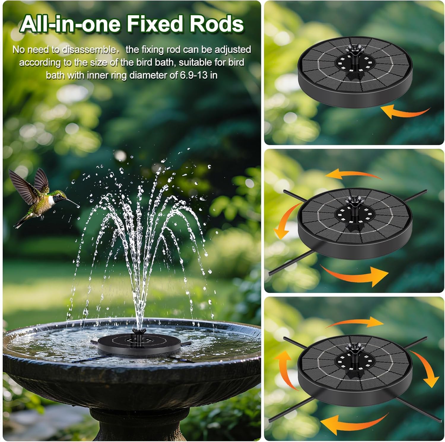 Solar Fountain Pump with 3 Spray Height Adjustments, Upgraded Glass Solar Bird Bath Fountains with LED Lights