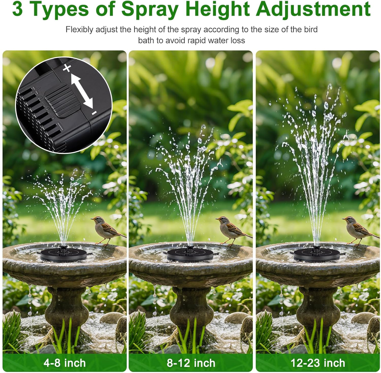 Solar Fountain Pump with 3 Spray Height Adjustments, Upgraded Glass Solar Bird Bath Fountains with LED Lights