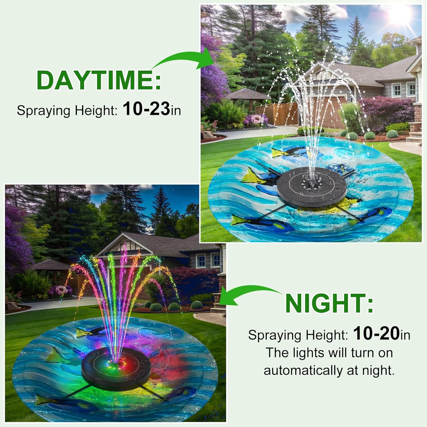 Solar Fountain Pump with 3 Spray Height Adjustments, Upgraded Glass Solar Bird Bath Fountains with LED Lights