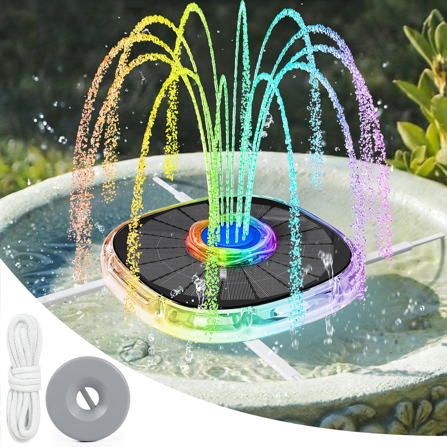 Solar Fountain with Colorful Lights, 4000mAh Battery Solar Bird Bath Fountain Pump with 4 Fixers Adjustment
