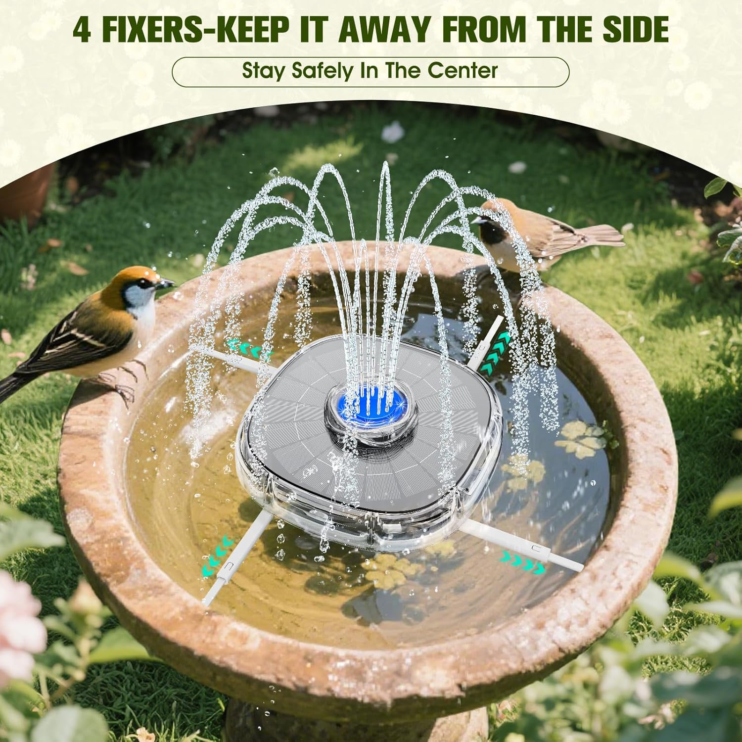 Solar Fountain with Colorful Lights, 4000mAh Battery Solar Bird Bath Fountain Pump with 4 Fixers Adjustment
