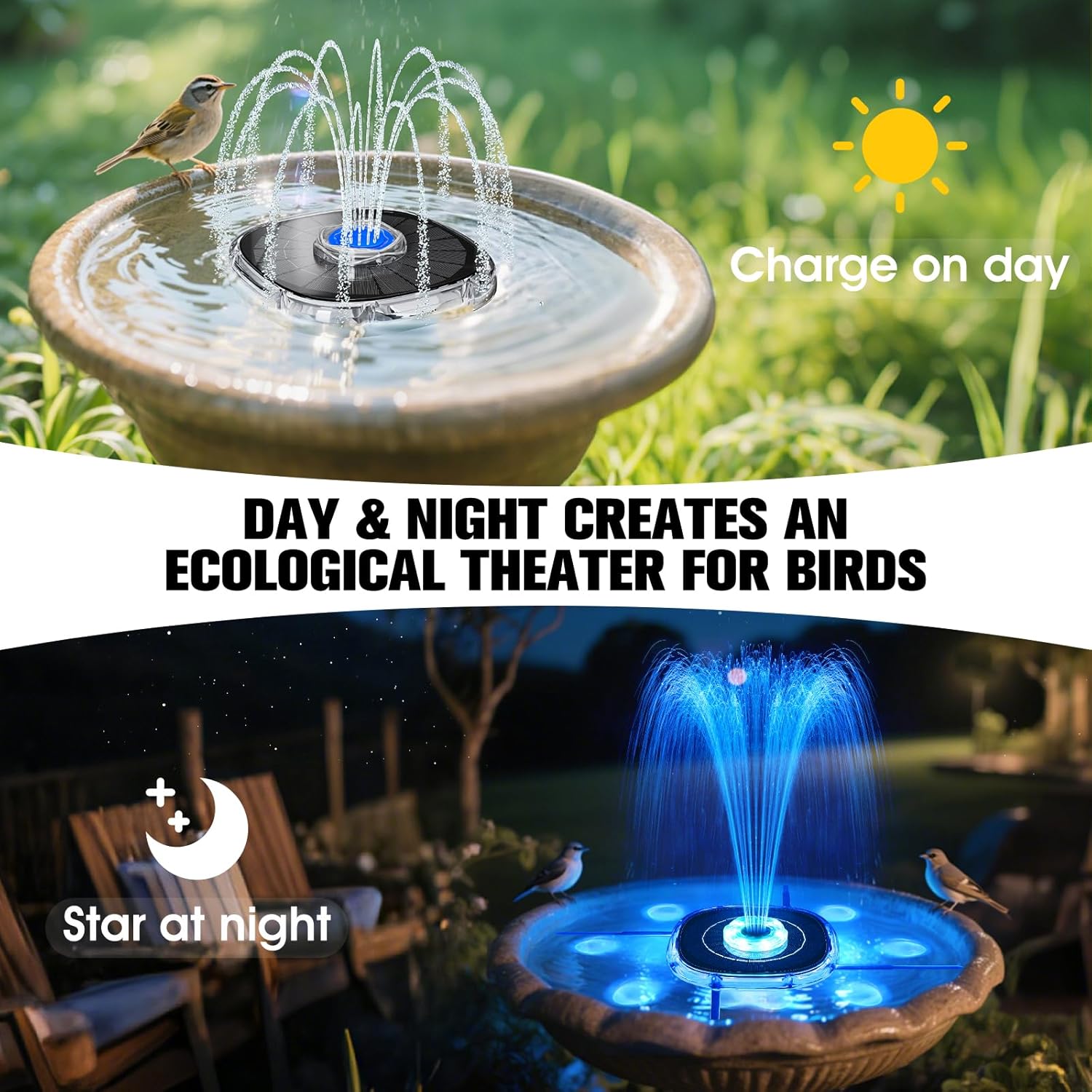 Solar Fountain with Colorful Lights, 4000mAh Battery Solar Bird Bath Fountain Pump with 4 Fixers Adjustment