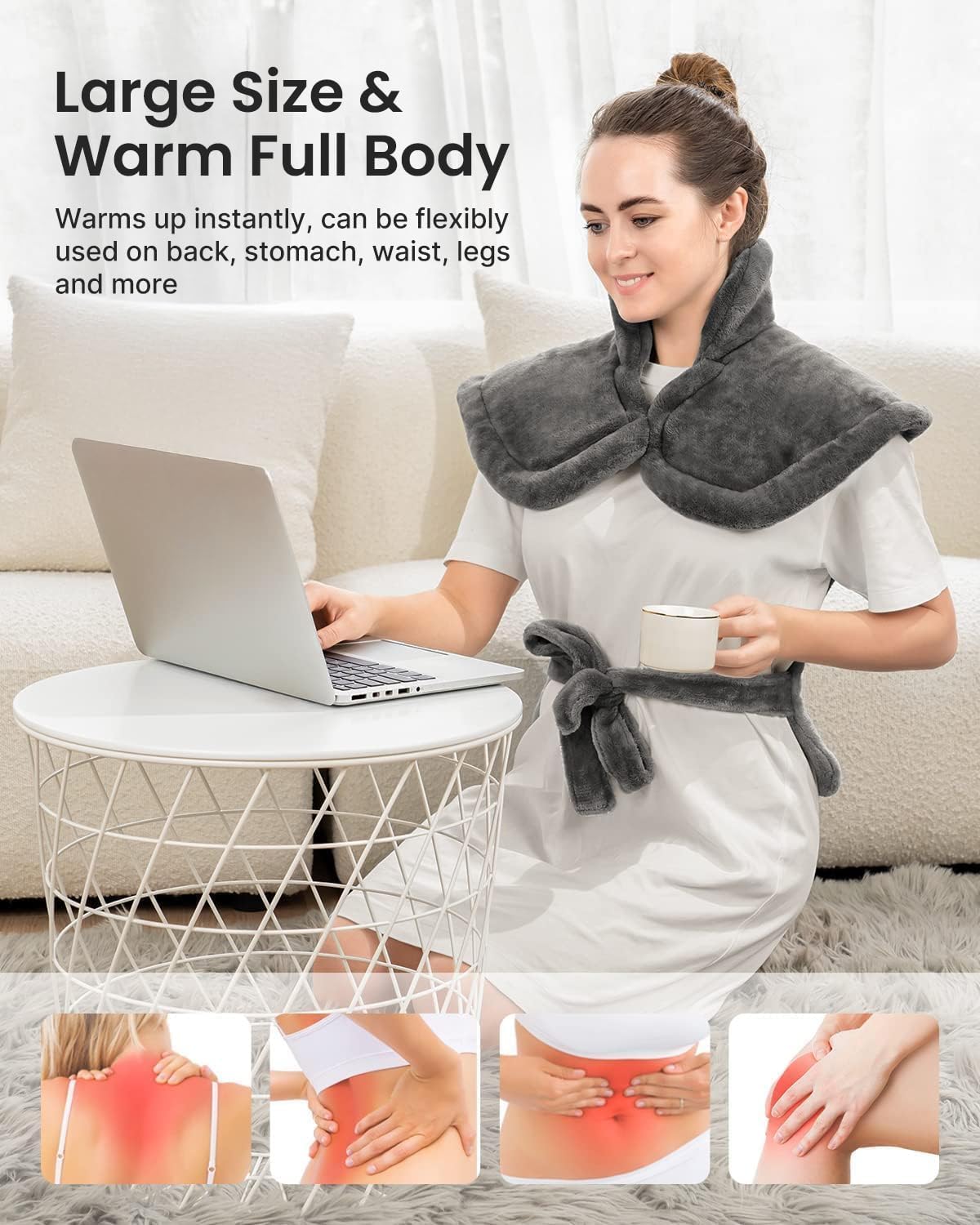 Heating Pad for Pain Relief – Weighted Neck & Back Wrap, 6 Settings (FREE 14Oz Funny Best Mom Mug with Gold Print)