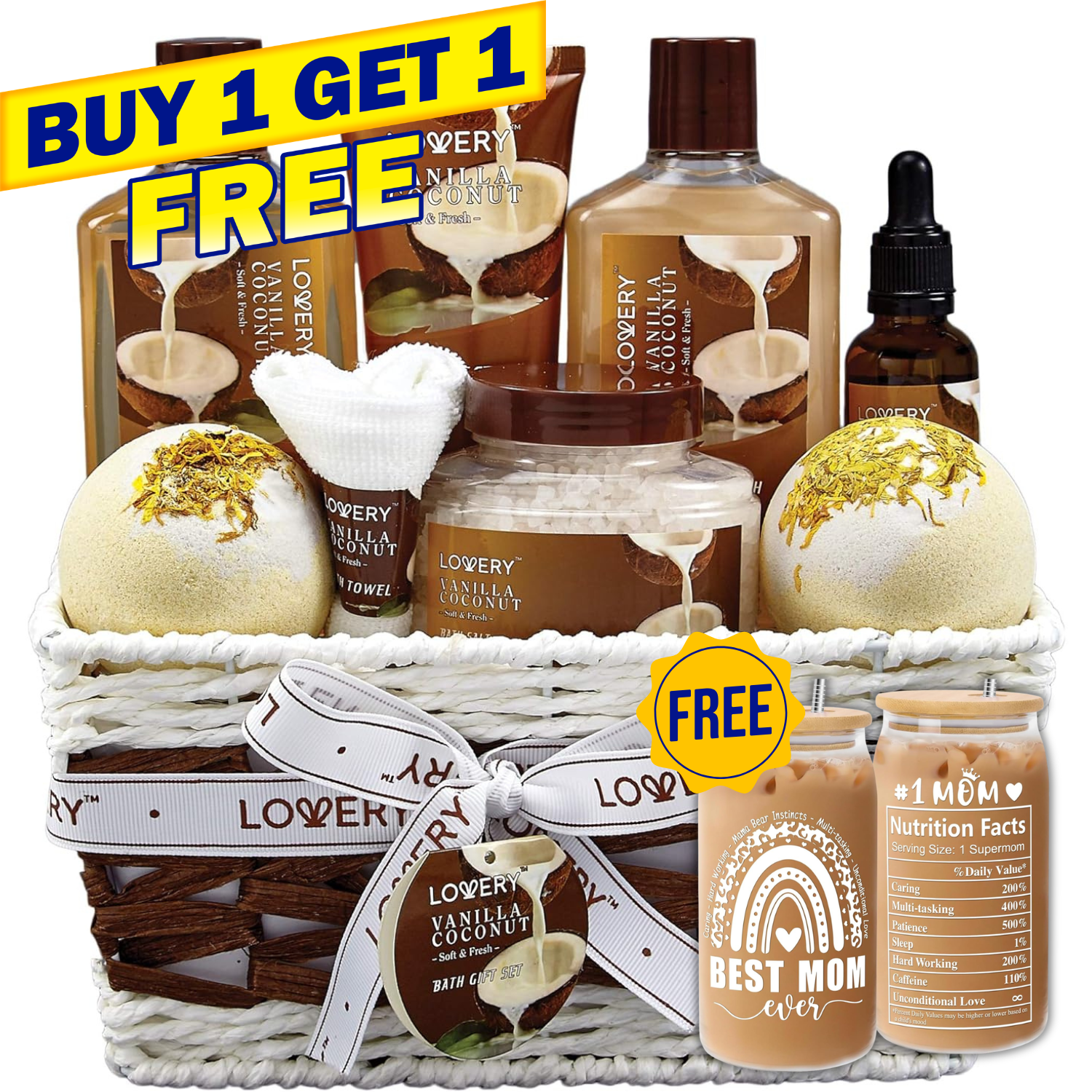 Luxury Spa Gift Basket for Women – 9pc Vanilla Coconut Self Care Set (FREE Can Glass Cups with Lids and Straws)