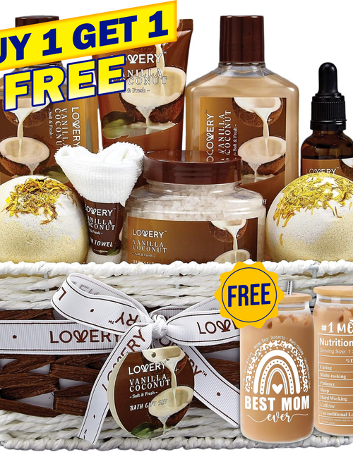 Load image into Gallery viewer, Luxury Spa Gift Basket for Women – 9pc Vanilla Coconut Self Care Set (FREE Can Glass Cups with Lids and Straws)
