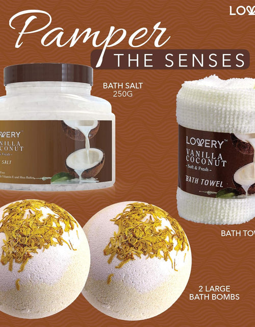 Load image into Gallery viewer, Luxury Spa Gift Basket for Women – 9pc Vanilla Coconut Self Care Set (FREE Can Glass Cups with Lids and Straws)
