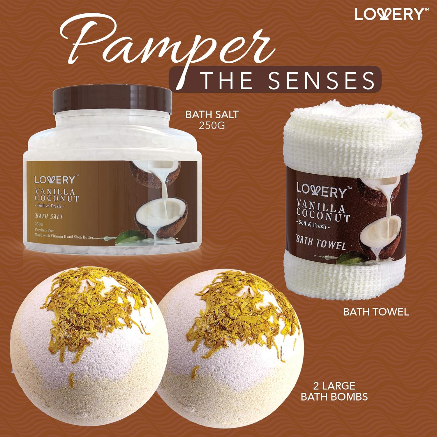 Luxury Spa Gift Basket for Women – 9pc Vanilla Coconut Self Care Set (FREE Can Glass Cups with Lids and Straws)