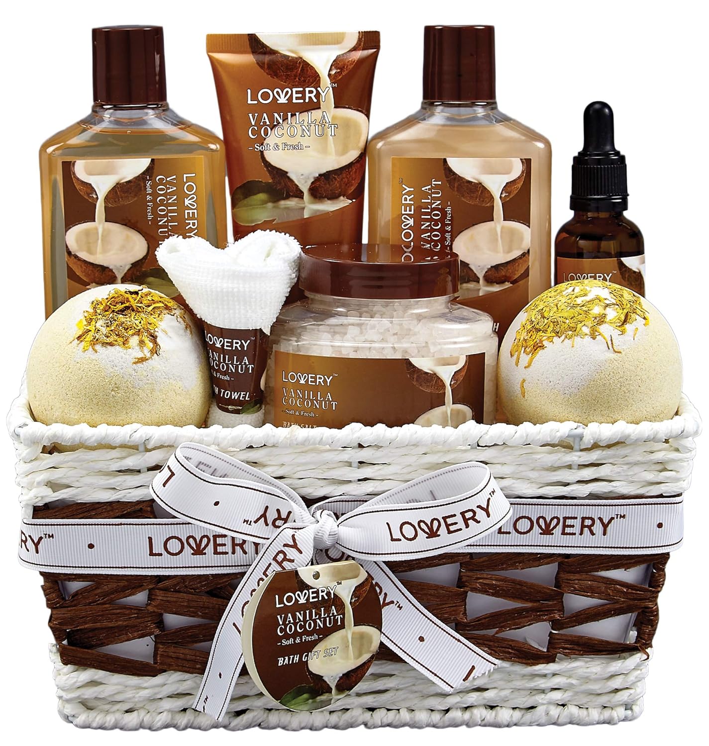 Luxury Spa Gift Basket for Women – 9pc Vanilla Coconut Self Care Set (FREE Can Glass Cups with Lids and Straws)